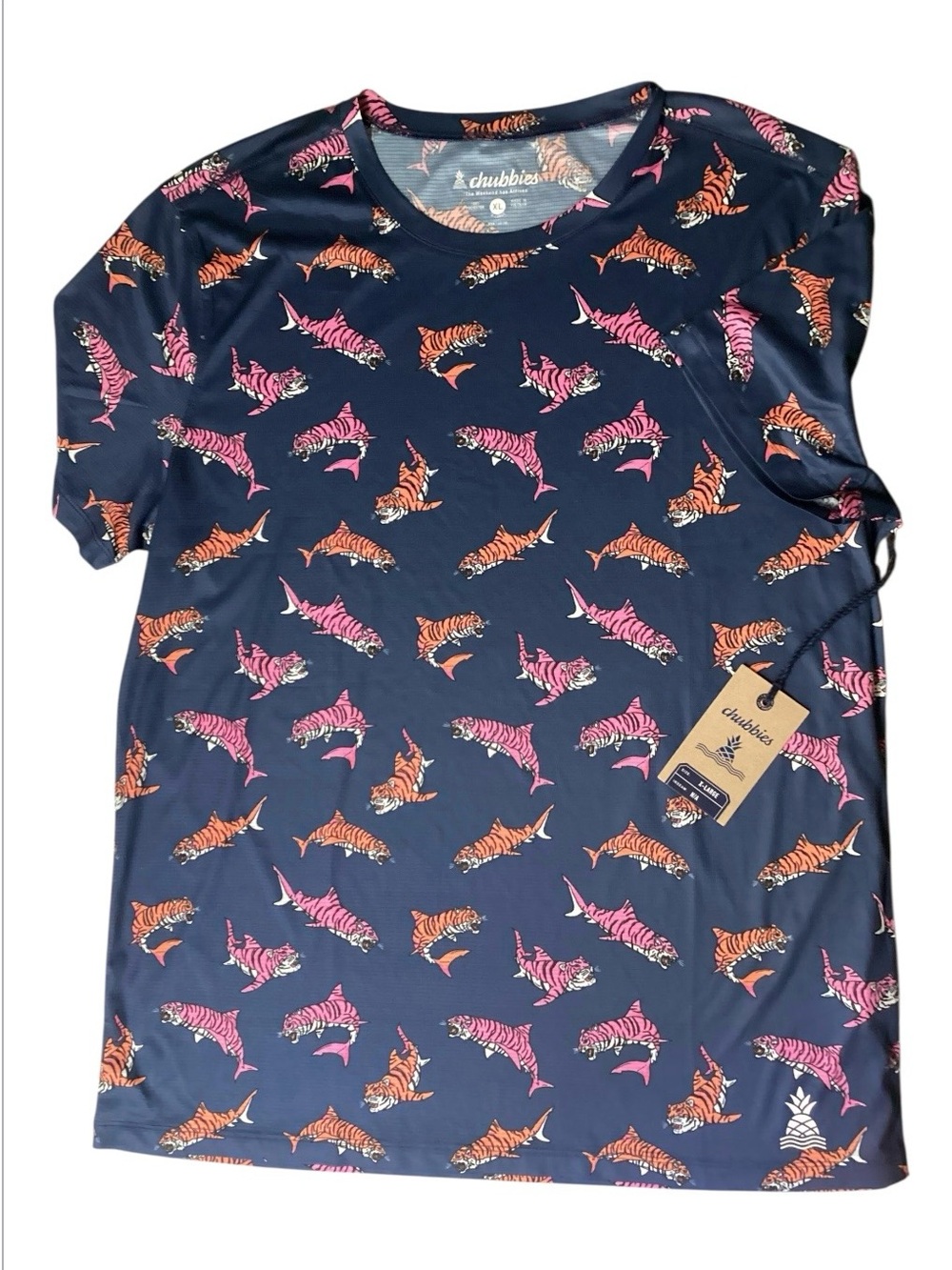 chubbies Navy Tee with Pink & Orange Tiger-Shark Print